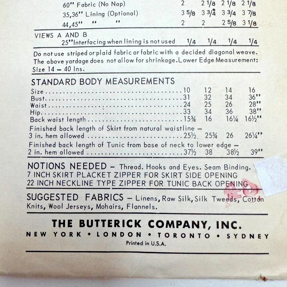BUTTERICK 2763 Sewing Semi-fit Tunic & Skirt‎ Pattern Sz 10 Boutique Cut 1950's